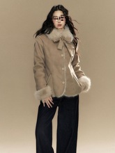 设计感复古蝴蝶结撞色毛领毛呢外套秋冬小众感气质修身上衣女