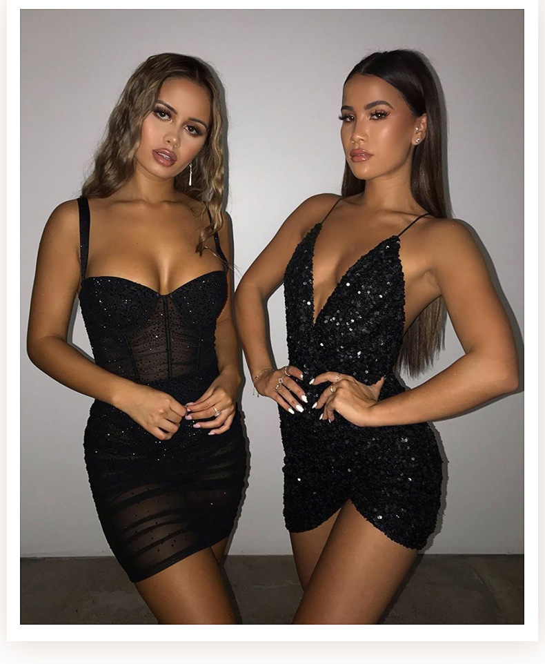 Femmes Jupe Irrégulière Sexy V Profond Paillettes Couleur Unie Mini-robe Courte Banquet display picture 1