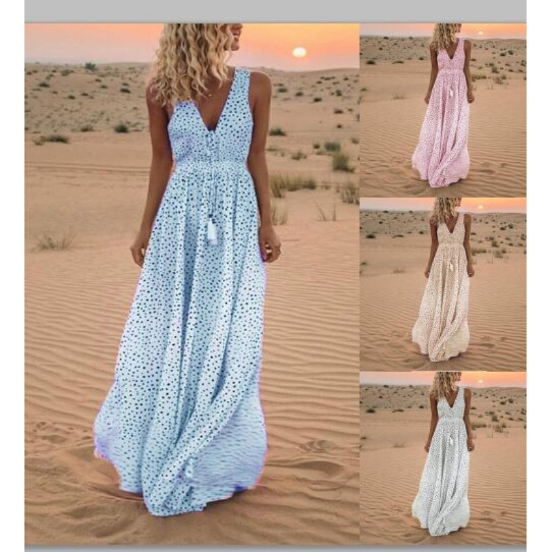 European and American Fashion Summer New Style V-Neck Sleeveless Long Dress Holiday Beach Polka Dot Bohemian Dress