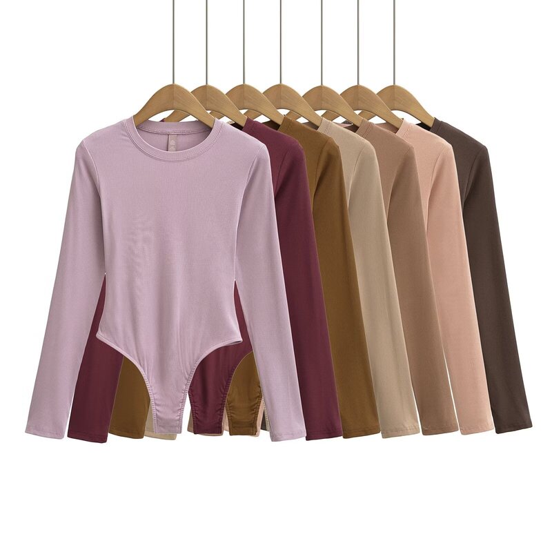 Hot girl retro summer round neck thread long sleeve T-shirt Slim waist tight jumpsuit stretch bottoming shirt multi-color