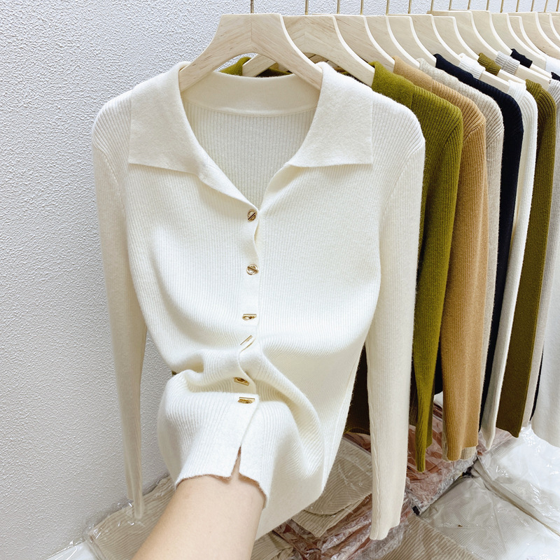 polo collar long-sleeved knitted cardigan for women autumn and winter 2023 new solid color lapel sweater coat bottoming shirt
