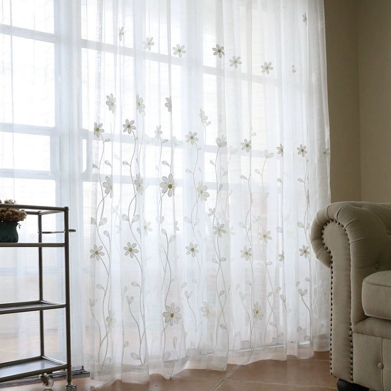 High-end embroidered white gauze curtain retro literary semi-black curtain gauze luxury living room balcony partition gauze curtain curtain