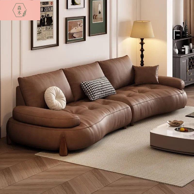 High-End Leather Sofa, Large and Small Living Room, Curved Leather Sofa, Retro Leather Solid Wood Frame Leather Sofa