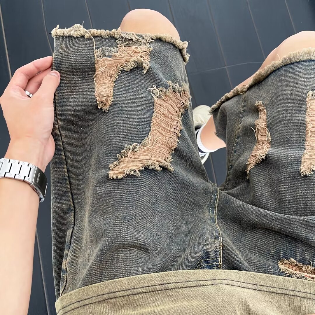American Retro Rip Denim Shorts Boys Summer Thin Loose Niche Design Sense Pants High Street Trendy Brand