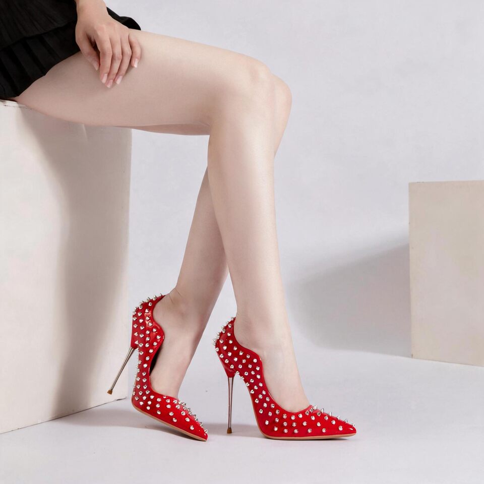 Giày cao gót nữ mũi nhọn gót 13 cm đính đinh tán, kiểu hở mũi gợi cảm — Màu tím, màu đen, màu đỏ chi tiết 14