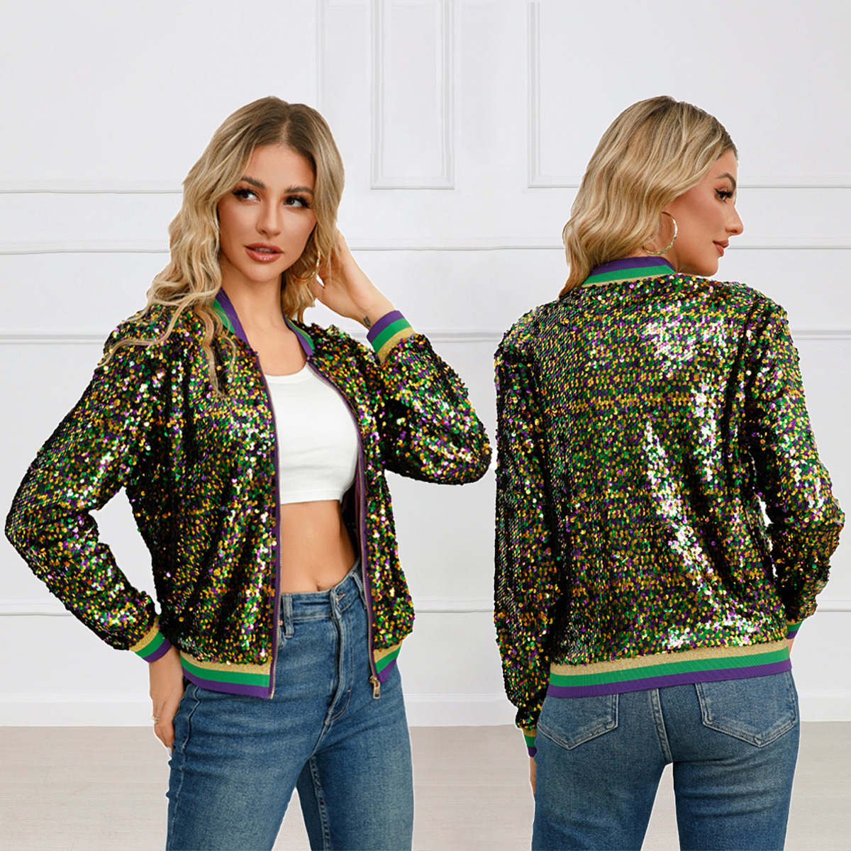 Qadın qısa jaket, rəngli sequin bəzəkli, yaz-payız üçün