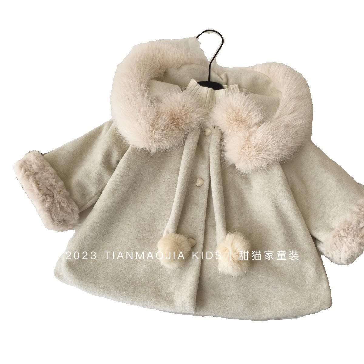 Korean Style 2023 Girls' Winter New Children's Wear Fashionable Big Wool Collar Woolen Coat Women's Children's Long Sleeve Woolen Coat Trendy
