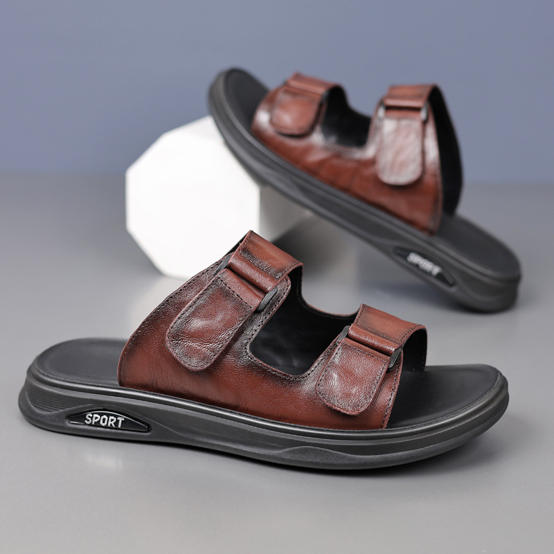 Verano nuevo cabeza de cuero de vaca zapatillas de cuero para hombres sandalias de cuero de dedos expuestos zapatillas respirables zapatillas para hombres zapatos