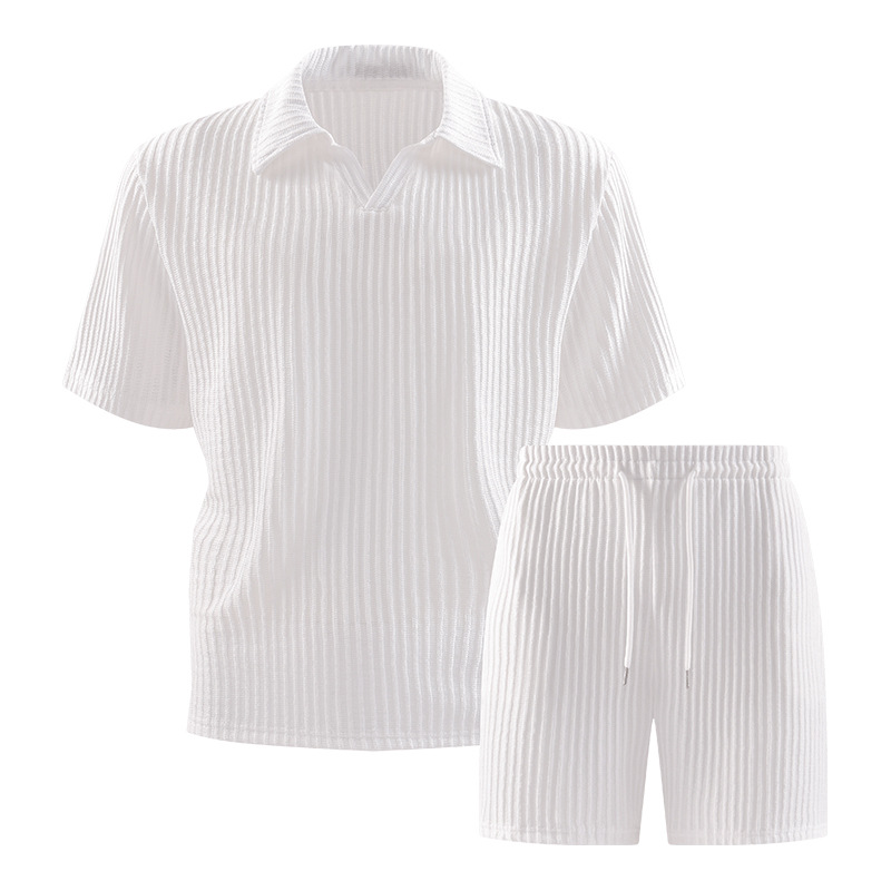 2026 Summer Cross-Border Plus Size Trendy Striped Textured Short-Sleeve Shorts Set Men's Shirt Sports Short-Sleeve T-Shirt