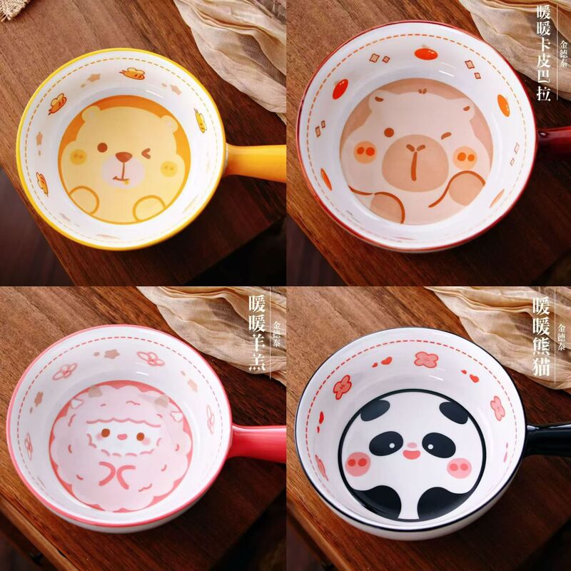 Creative Handle Bowl Cartoon Ceramic Baking Handle Bowl Single Handle Pot Underglaze Color Household Noodle Bowl with Handle