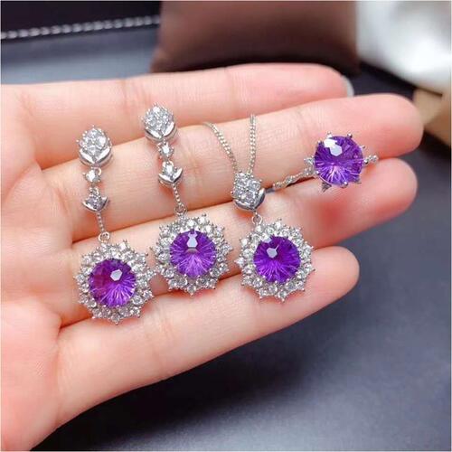 Manufacturer wholesale imitation amethyst ring pendant earrings set pt950 firework-plated firework cut amethyst necklace
