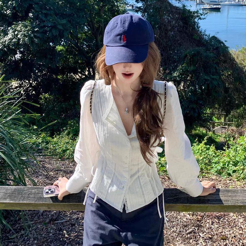 Korean-Style Lace Pure Cotton White Long-Sleeve Shirt for Women, Autumn 2025 New Pleated Waist-Cinching Short Top Trendy Shirt