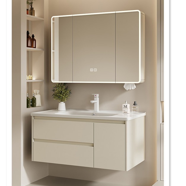 gabinete de baño de acero inoxidable crema viento cerámica integral lavabo gabinete lavabo combinación lavabo