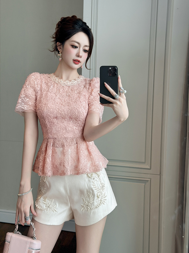 Áo ren hồng xếp nếp ôm eo phong cách ngọt ngào thanh lịch — bột hoa anh đào