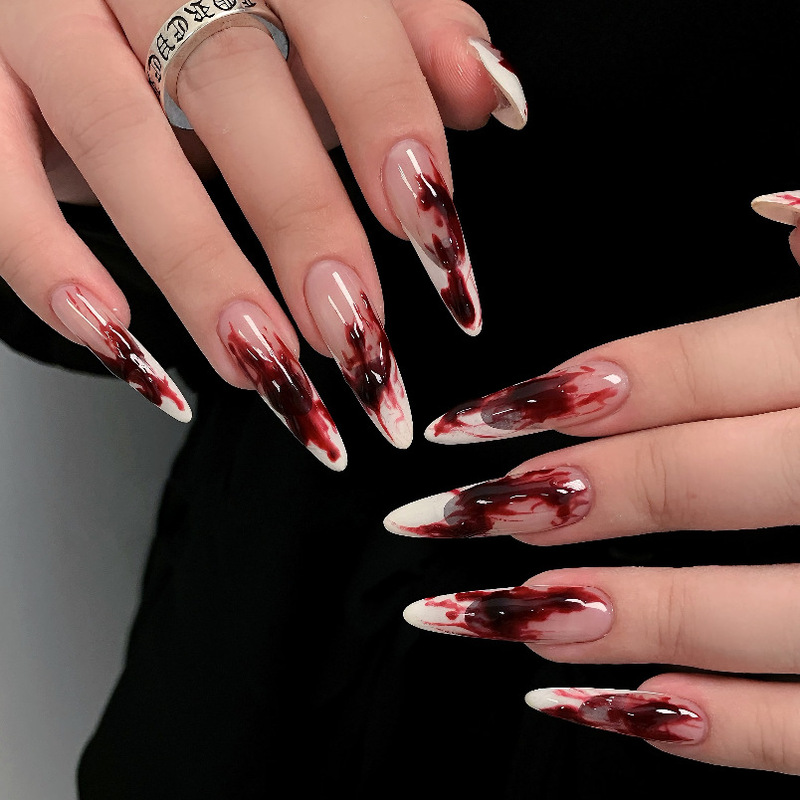 Wm-271 Bloody French Long Pointed Fake Nails Halloween Bloody Cool Girl Sexy Wear Nails Wholesale