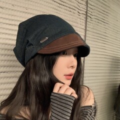 废土风拼接堆堆帽子女秋冬复古显脸小包头帽小帽抽绳套头帽冷帽子