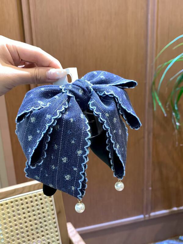 韩版发饰早秋牛仔蝴蝶结发夹半扎发马尾夹法式复古牛仔抓夹发饰|undefined
