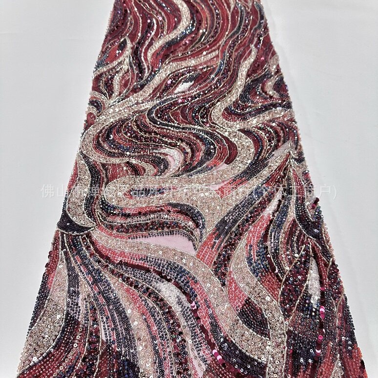 Wave streamline cuentas bordadas tela de malla delgada alfombra roja del desfile ligera de lujo fiesta de cumpleaños anfitrión vestido tela