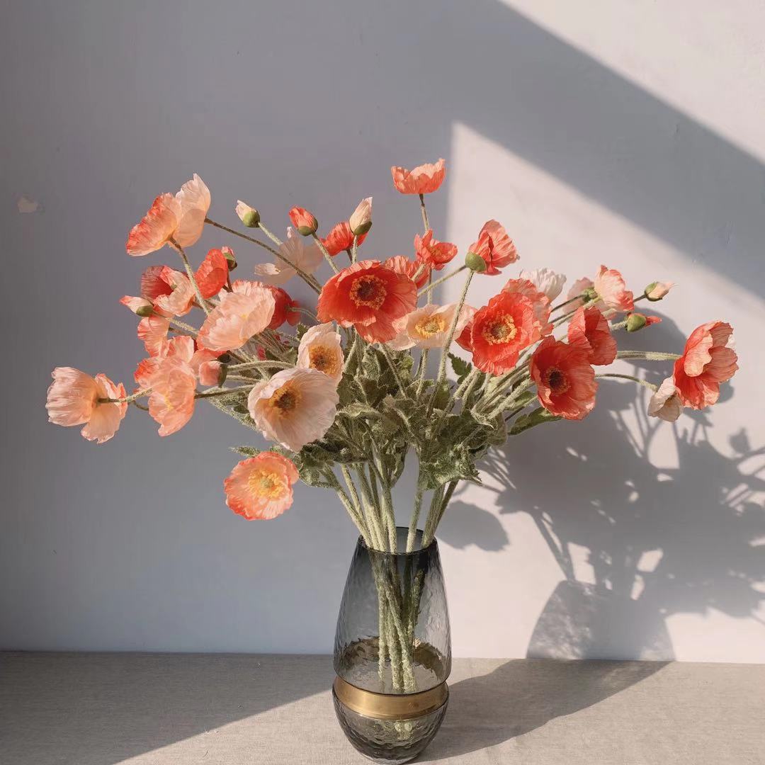 4头冰岛虞美人罂粟花植绒仿真花绢花装饰花背景软装珊瑚粉