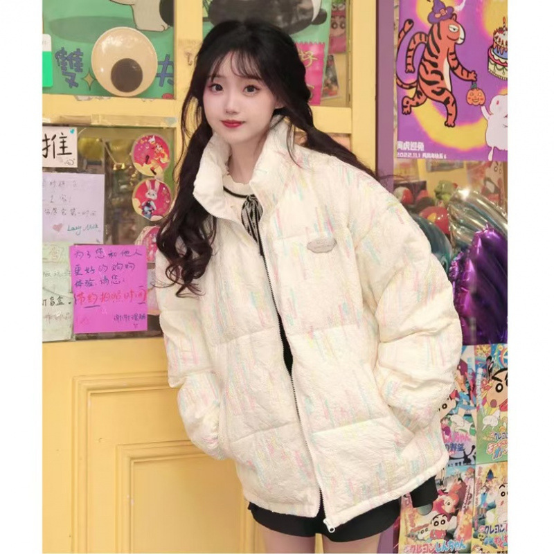 무지개 주름 칼라 빵 세트 2024 새로운 우유 Huhu 느슨한 면화 패딩 재킷 Ins 아카데미 스타일 코트