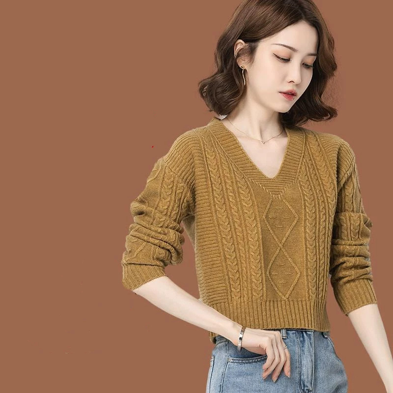 V-neck knitted short-sleeved solid-color minimalist women's top, long-sleeved autumn/winter knitwear, slimming inner layer or outerwear