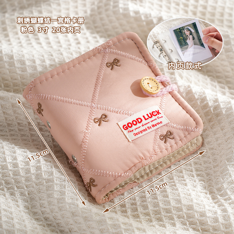 Bordado Bowknot One Palace Grid Card Book Estilo suave Tela suave japonesa Mini álbum de fotos Tarjeta Polaroid de 3 pulgadas