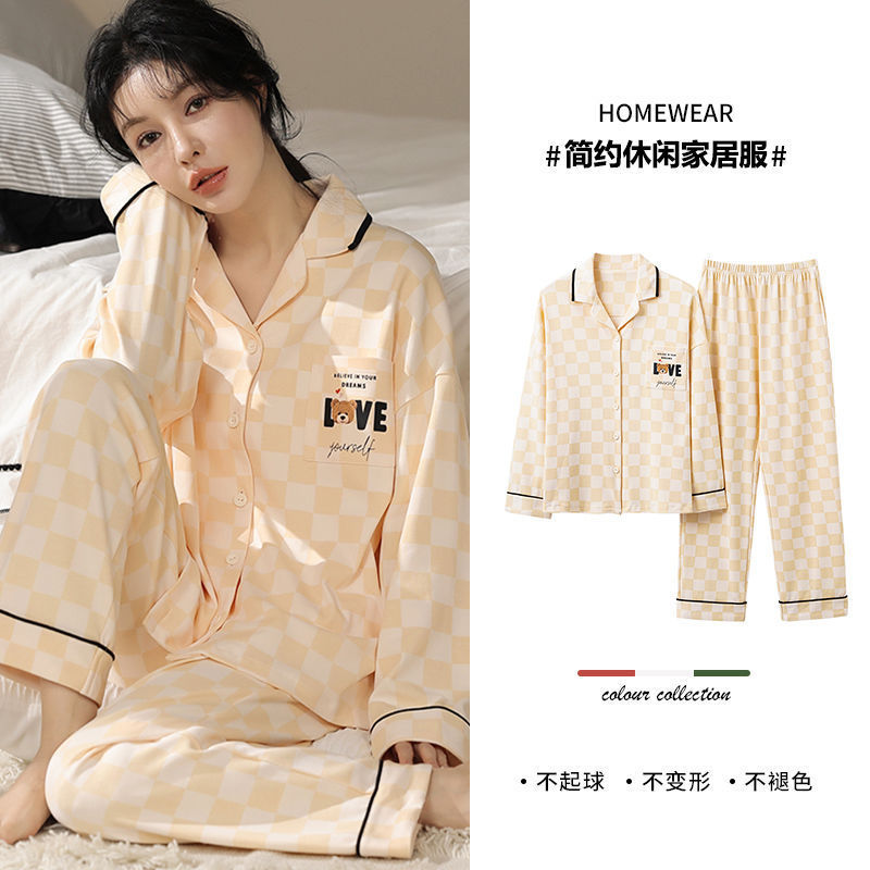 100% pijamas de algodón de las mujeres primavera y otoño traje de manga larga 2023 nuevo suelta más tamaño Otoño e Invierno Delgado homewear