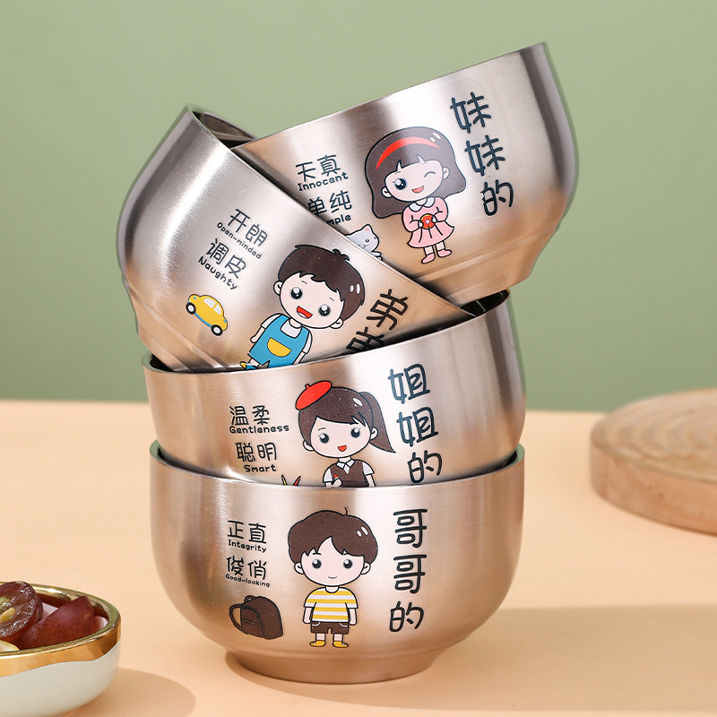 Nuevo retrato familiar entre padres e hijos tazón 304 tazón de acero inoxidable traje de dibujos animados creativo de doble capa