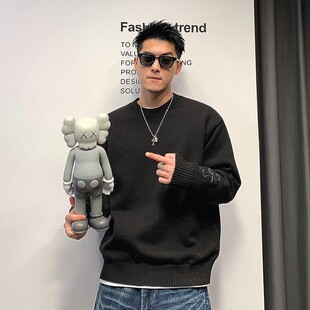 Xu Tailang Cross Embroidered Black Sweater Men's Autumn and Winter Thickened Trendy Brand Loose Inner Base Sweater Top