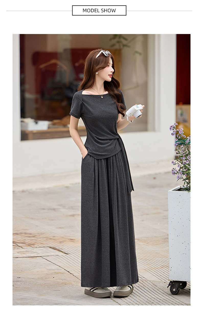 Bộ quần áo nữ thiết kế dây rút, áo phông phối quần ống rộng, form rộng thoải mái — Màu ảnh chi tiết 9