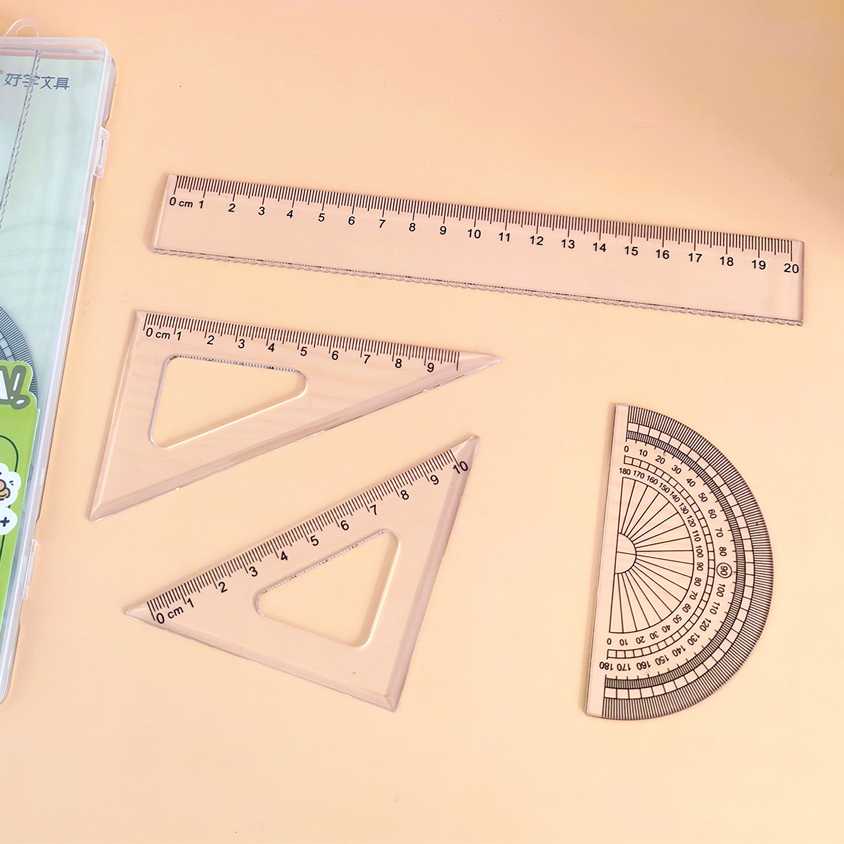 20cm buena caja de dibujos animados transparente regla recta cubierta regla triangular regla de la escuela primaria cuatro piezas