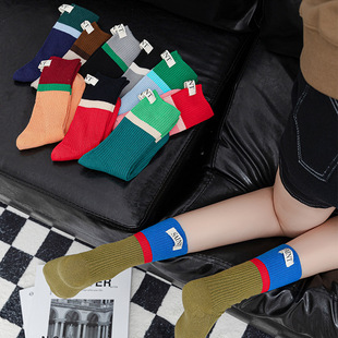 2022 Autumn New Style Socks Women's Cyber Celebrity Label Color Matching Vertical Stripe Mid-length Socks Shows Slim Long Waist Stacked Korean Socks Trendy