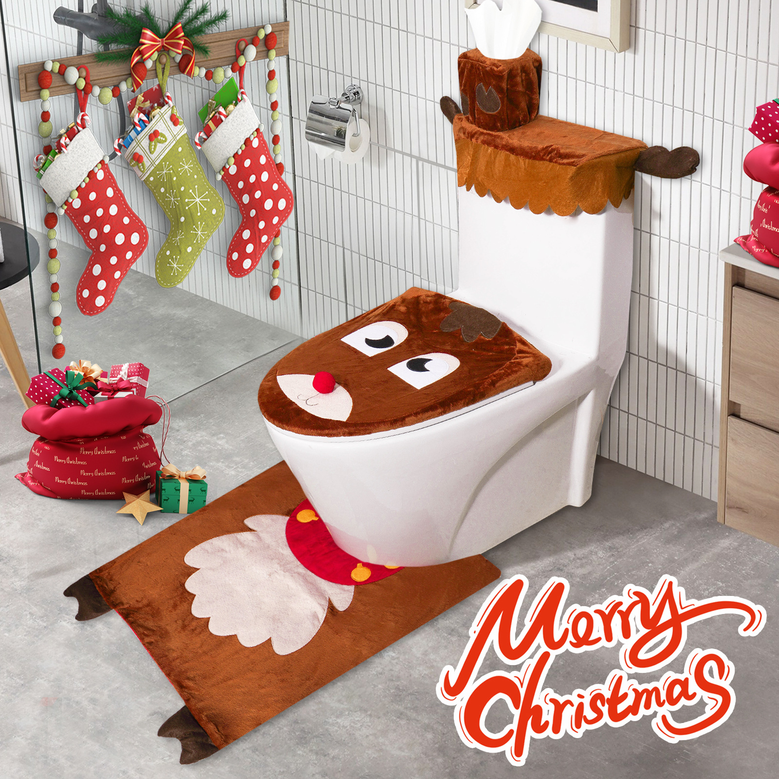 Transfronterizo nueva decoración de Navidad ardilla inodoro cubierta piso estera Baño de cuatro piezas Decoración