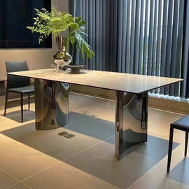 轻奢岩板餐桌简约现代长方形不锈钢镜面创意餐桌椅组合小户型家用