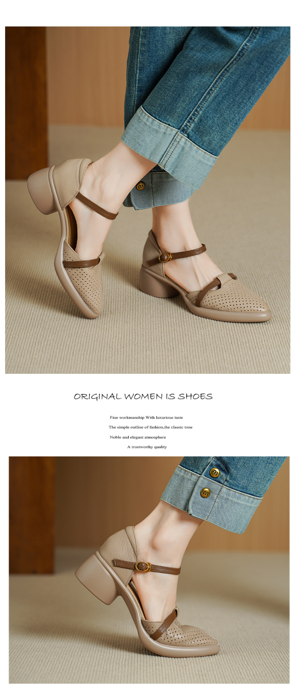 Sandal nữ quai ngang da dê mũi tròn gót vuông cao 9 cm — màu trắng ngà chi tiết 9