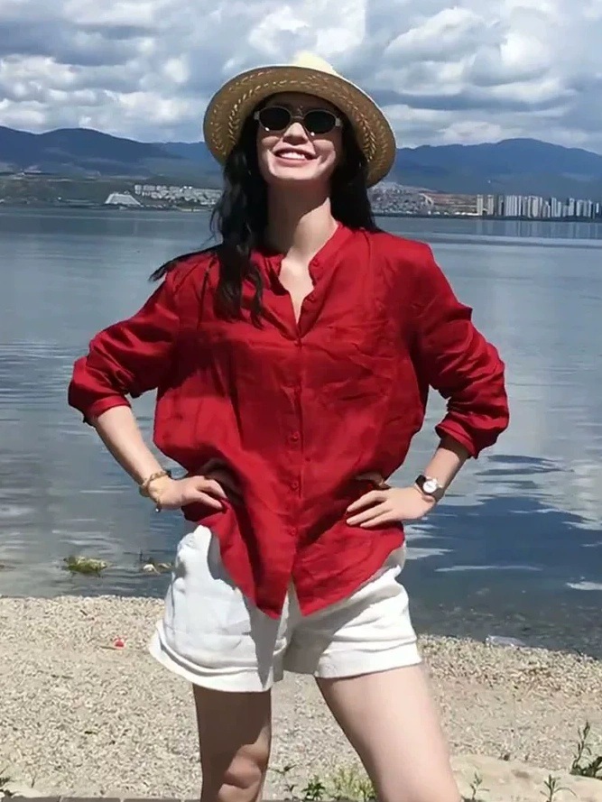 Qadın üçün 100% Kətan Qırmızı Köynək