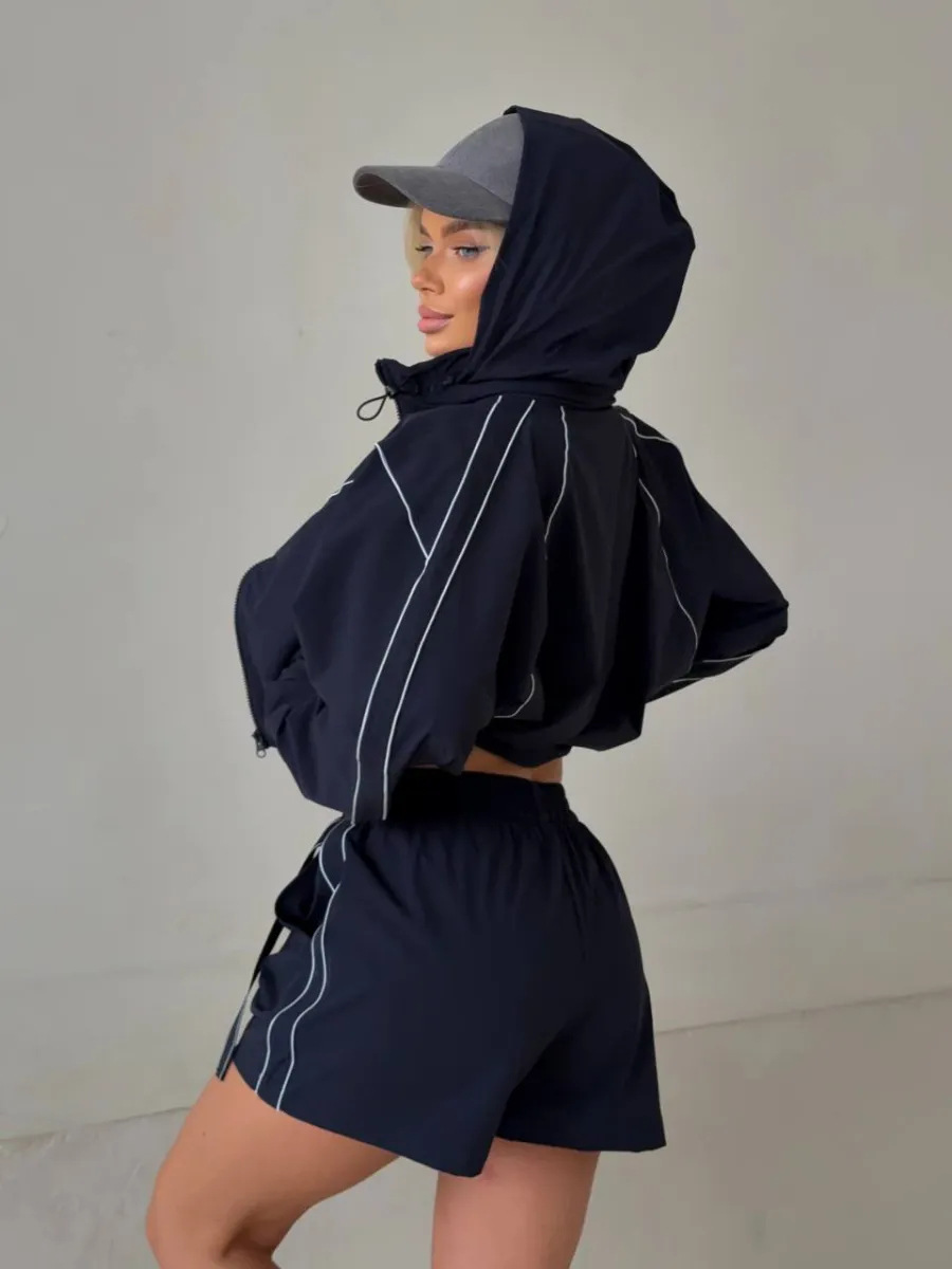 Women's Two Piece Set Solid Long Sleeve Zip Up Cardigan And Shorts_voghion.com