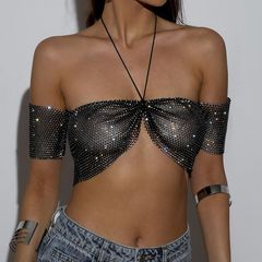 跨境歐美女裝漁網水鑽上衣性感音樂節穿搭甜辣風閃鑽緊身抹胸上衣