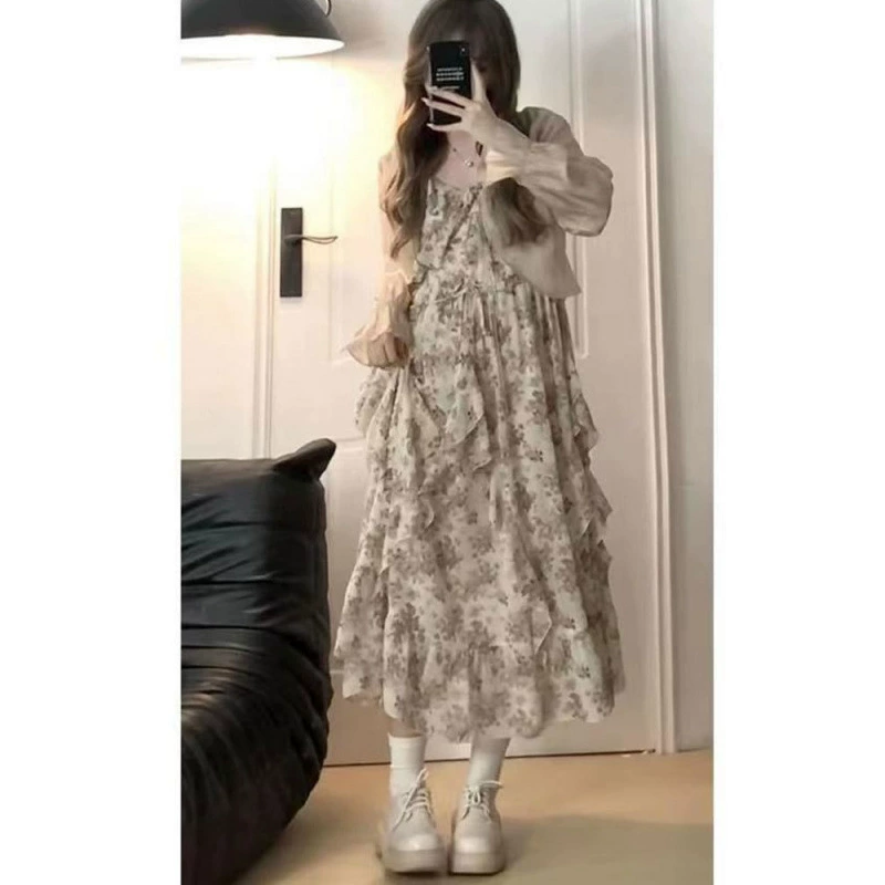 Элегантная юбка на подтяжках с французскими рюшами больших размеров + кардиган, женский летний слегка толстый мм чайный костюм для похудения, длинная юбка