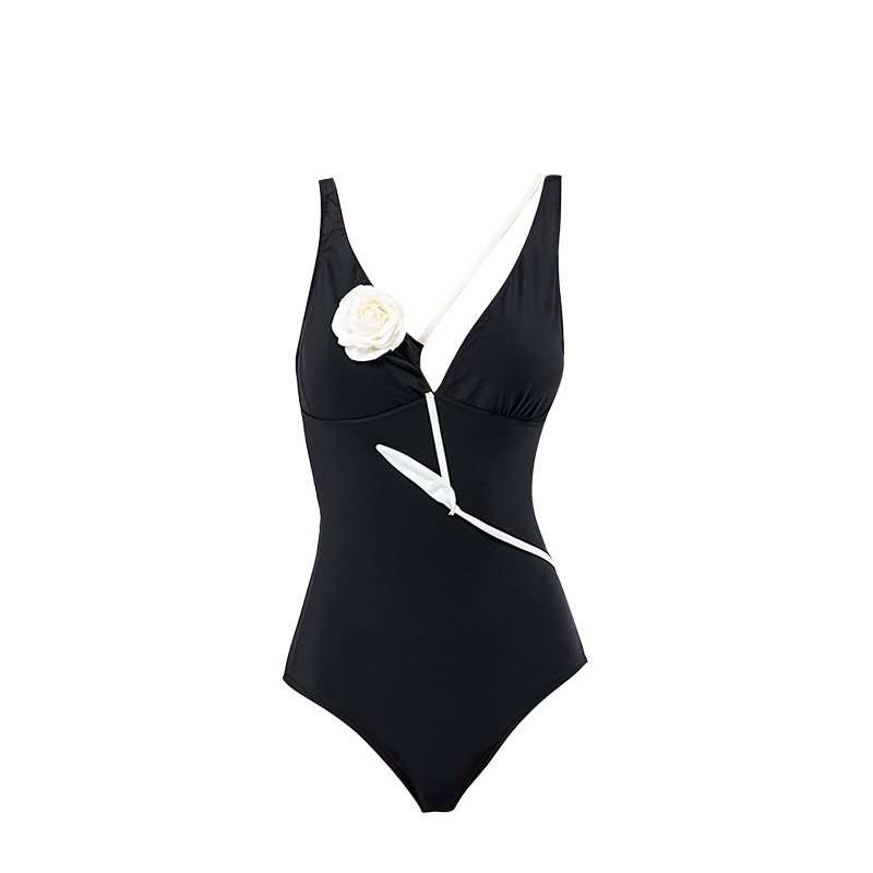 Estilo francés nueva rosa tridimensional sexy con cuello en V, pecho pequeño, bikini delgado, chica caliente, traje de baño de una pieza puro, verano femenino