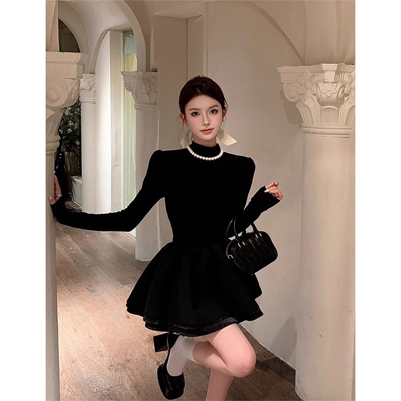 赫本风小黑裙半高领长袖裙子2025新款收腰内搭连衣裙女黑色蓬蓬裙|undefined