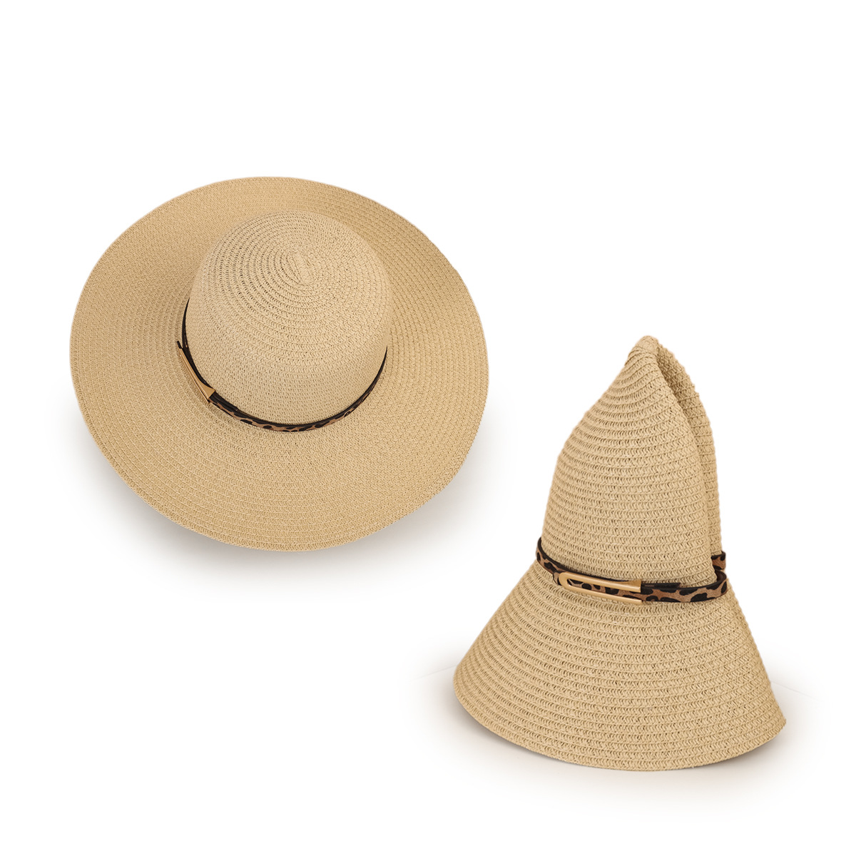 Sombrero beige verano nueva moda de ala ancha a prueba de sol sombrero fresco de moda femenina cinturón de estampado de leopardo coreano sombrero de paja de ala grande Masculino