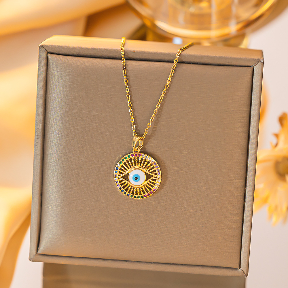 Hollow Out, Inlay Design Titanium Steel Copper Gold Plated Simple Style Devil's Eye Hollow Out Inlay Zircon Pendant Necklace