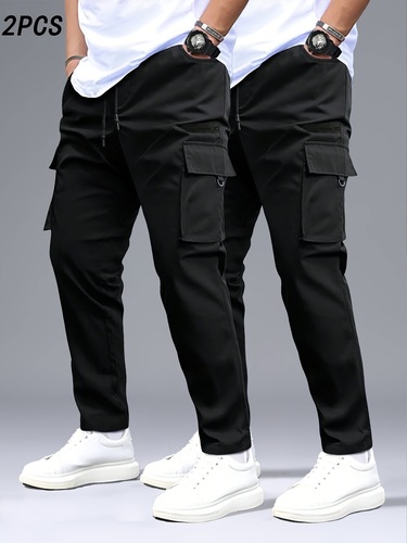 2 Pieces Men's Cargo Pants Black Gray with Drawstring Waist Cross-border