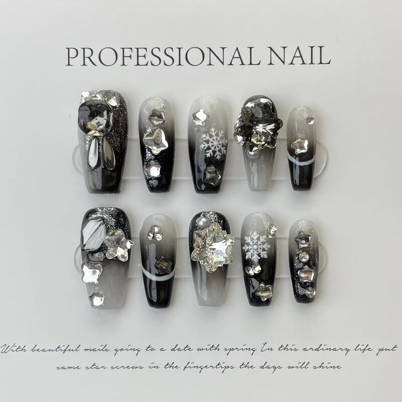 【Purely Handmade Real Photos】Wearable Nail Tips 2022 Full Swarovski Style Snowflake Finished Nail Art