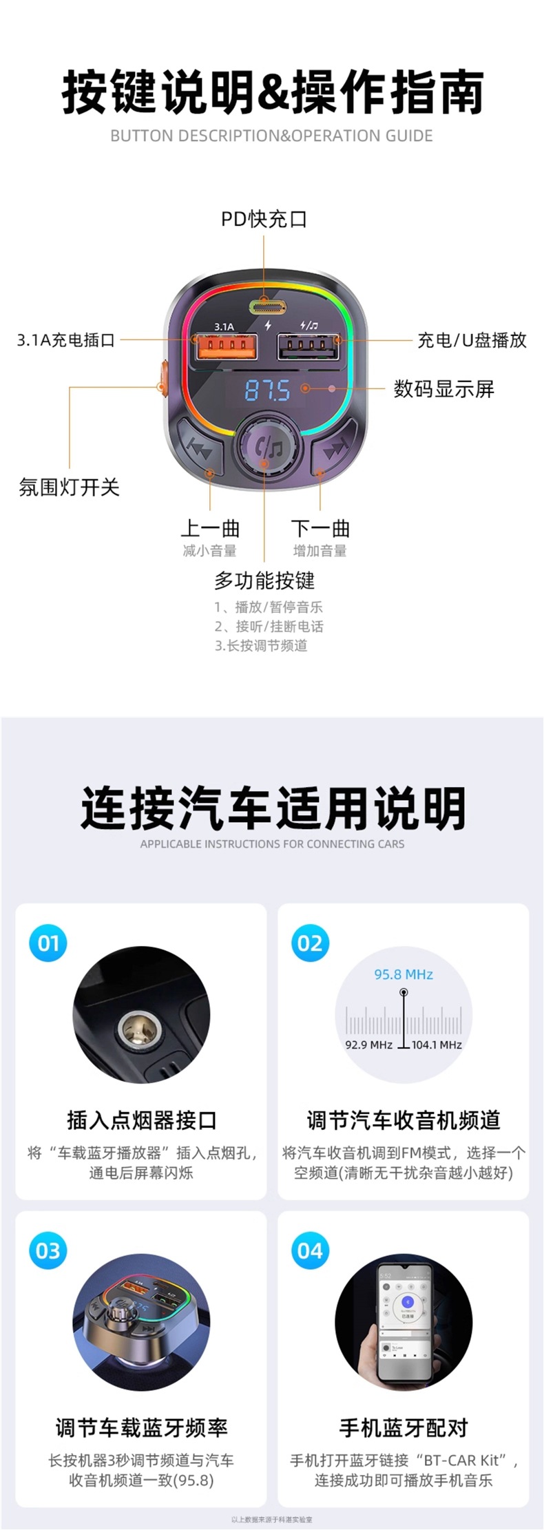 Kozhan Car MP3 Bluetooth Receiver Car Charger Hands-Free Calling Music Player USB Drive Lossless Sound Quality Player