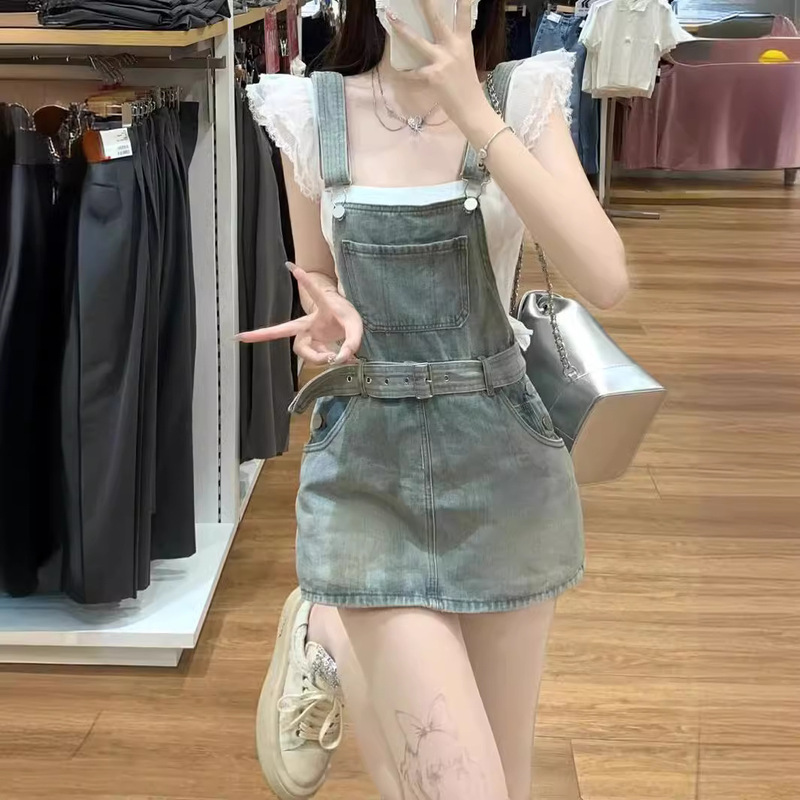 Spring 2024 New Young Girl Age-reducing Denim Strap Culottes Women's Summer Small Suit Hip Dress Fashion Brand