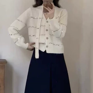 超好看的条纹亮片韩系时尚毛衣女秋冬针织开衫韩国东大门爆款上衣