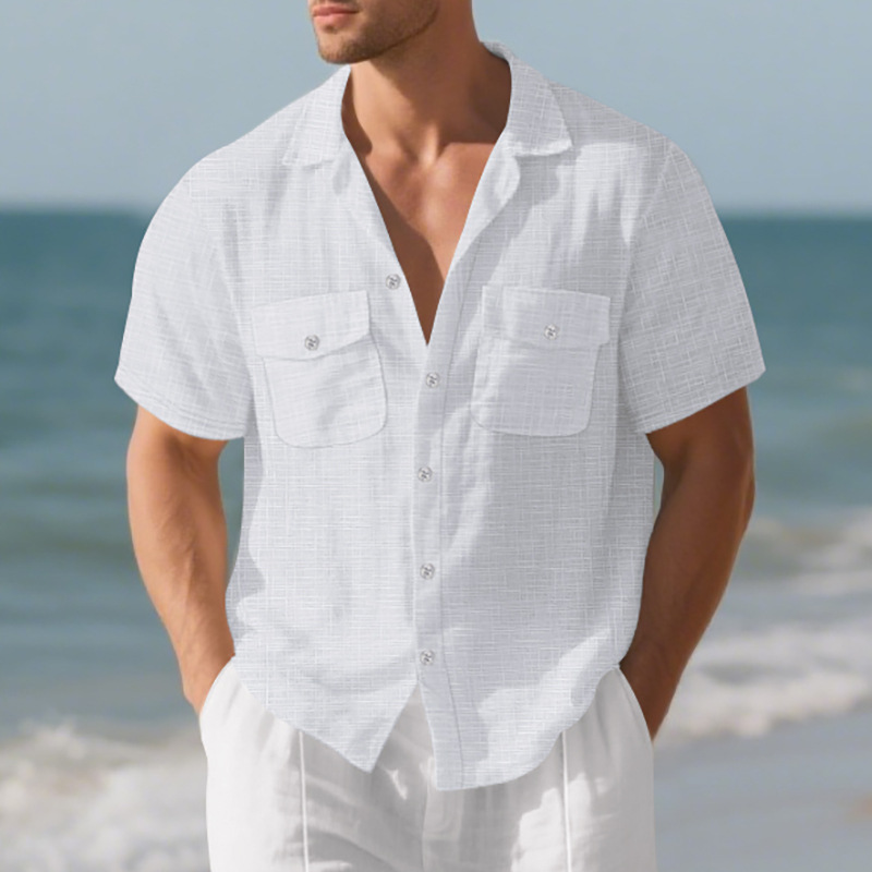 Chemise d'été à manches courtes pour homme, couleur unie, double poche, décontractée, pour les vacances_voghion.com