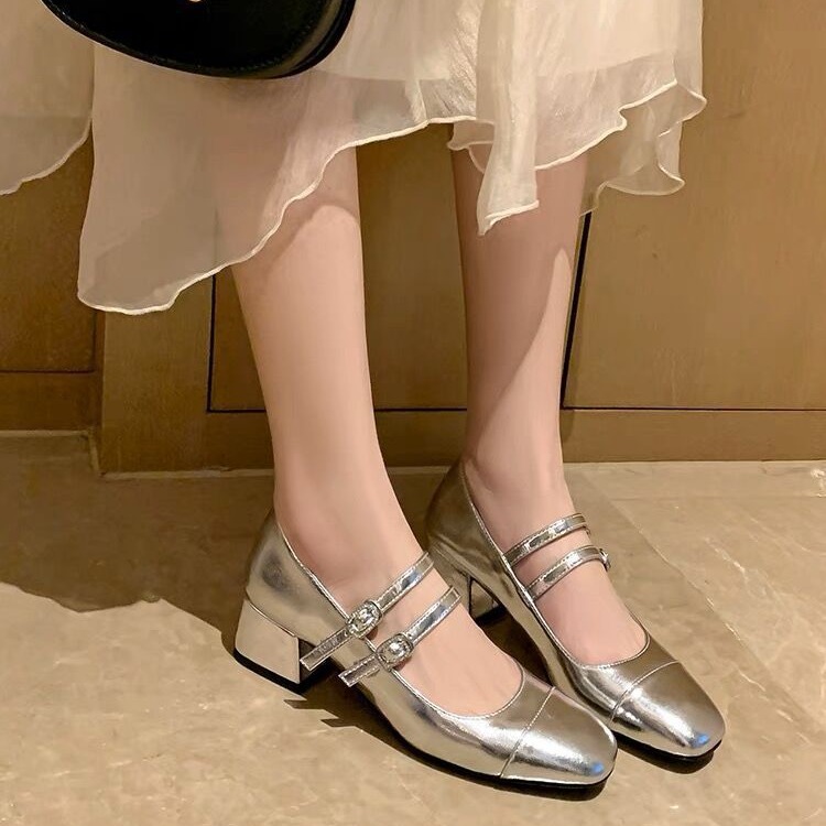 Silver Thick Heel Mary Jane Shoes for Women 2025 New French Retro Shallow Mouth Medium Heel Genuine Leather Small Flats Small Fragrance Style